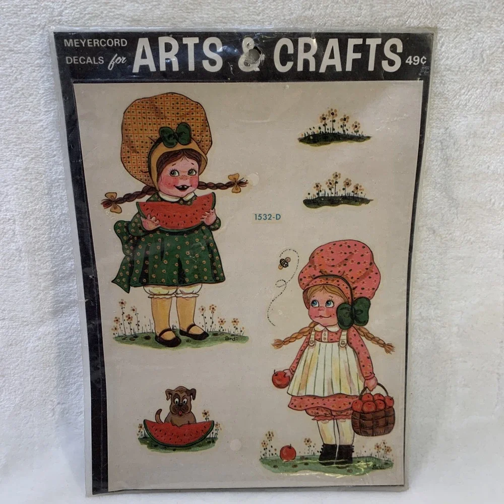 Meyercord Decals Vintage Watermelon Bonnet Girls Dog Flowers Original 1532-D NOS